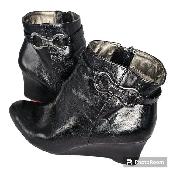 Life Stride Wedge Booties Black Ankle Sz 8 Zipper And Buckle Y2K Retro - Picture 1 of 8